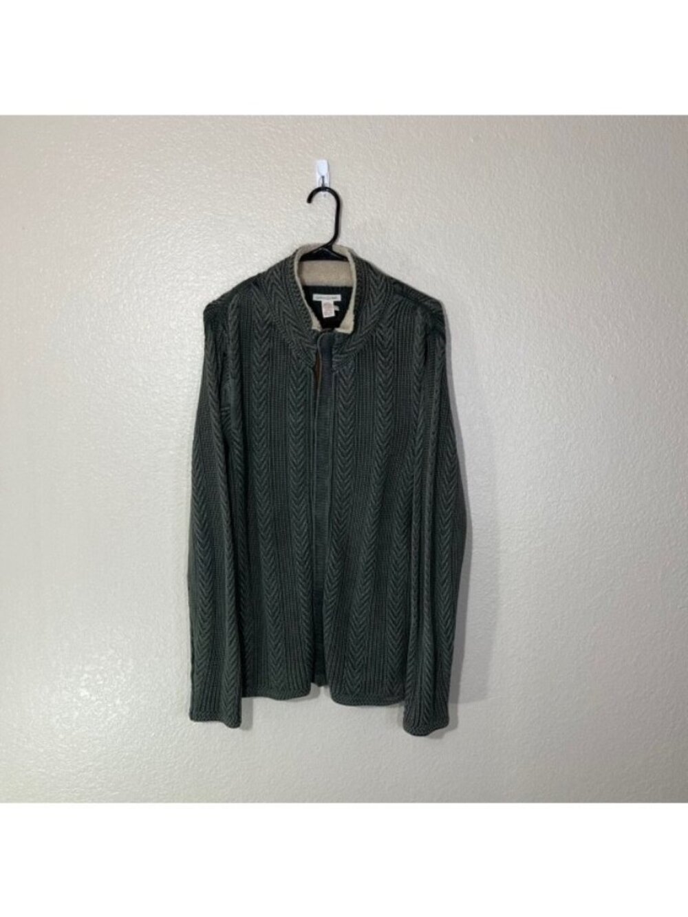 Carbon2Cobalt Moss Green Cotton Cable Knit Sherpa Collar Zip Up Sweater Size L